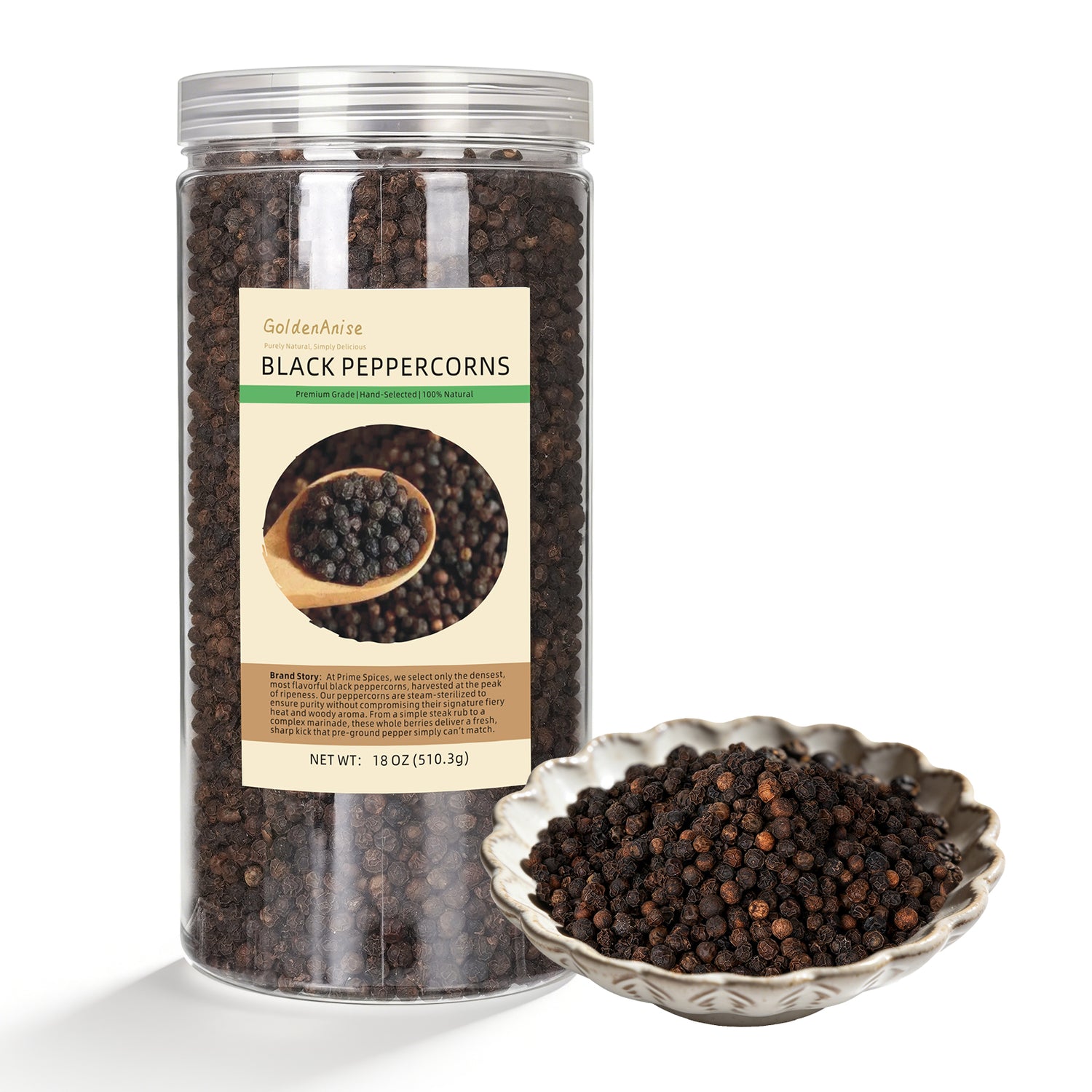 GoldenAnise Premium Black Peppercorns Whole, Available in 8 oz, 18 oz, (Reusable Airtight Canister), All Natural Whole Black Pepper for Grinder Refill, Steam Sterilized & Non-GMO, Bold Aroma and Pungent Kick, Perfect for Cooking and Table Use