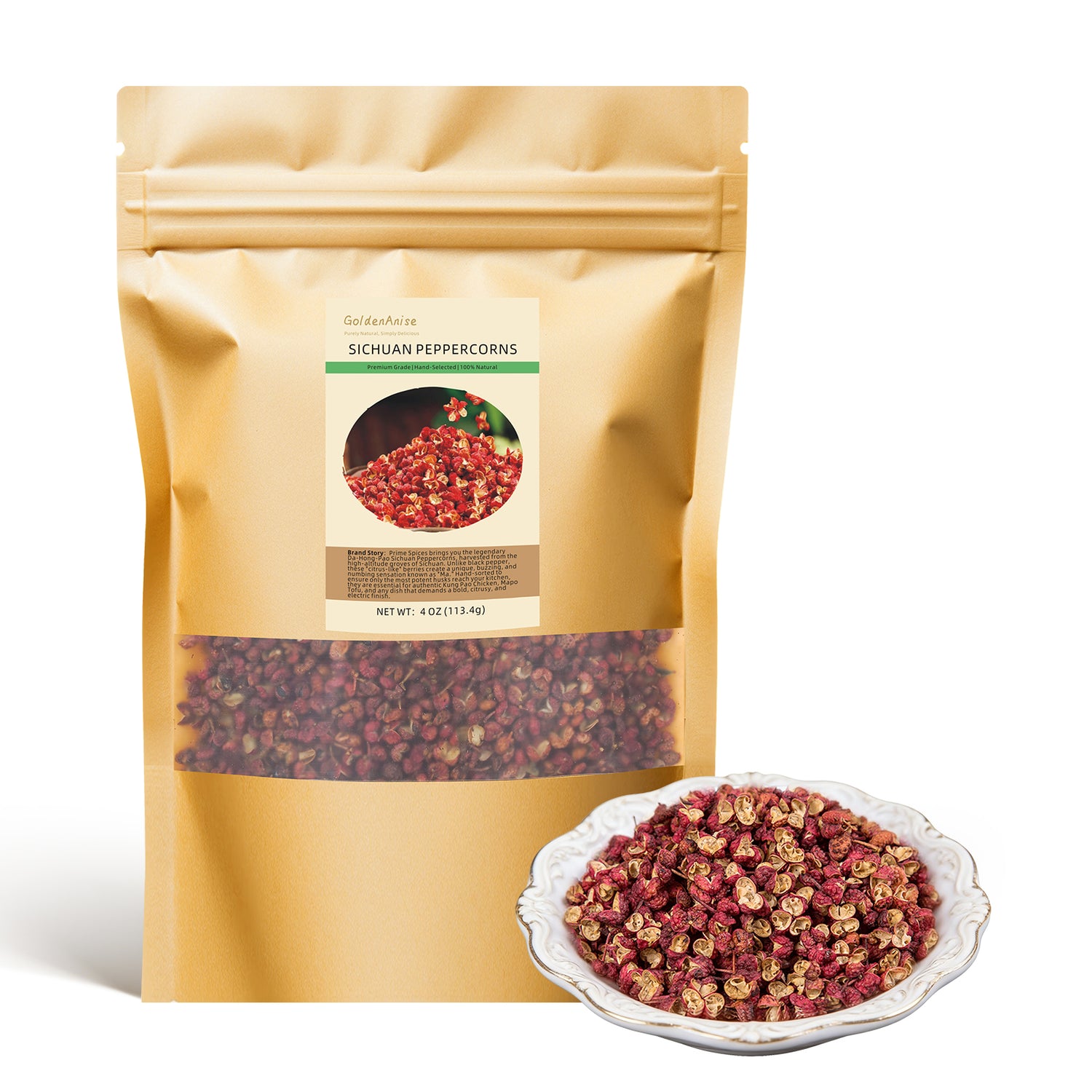 GoldenAnise Authentic Sichuan Peppercorns,Available in 4 oz, 8 oz,1 lb  (Eco-Refill Bag), Premium Szechuan Red Pepper with Intense Numbing and Tingle Effect, Less Seeds & Hand-Selected, Essential for Mapo Tofu, Kung Pao Chicken and Asian Cuisine