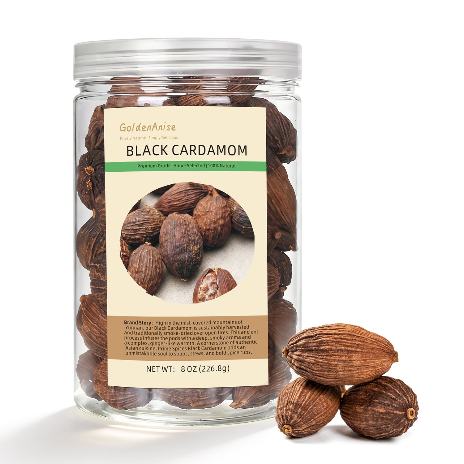 GoldenAnise Whole Black Cardamom Pods  (Chinese Black Cardamom / Tsaoko), Available in 4 oz, 8 oz, 1lb,, Premium Smoky Aromatic Spice for Authentic Asian, Indian & Chinese Cooking, Non-GMO, Pure & Natural