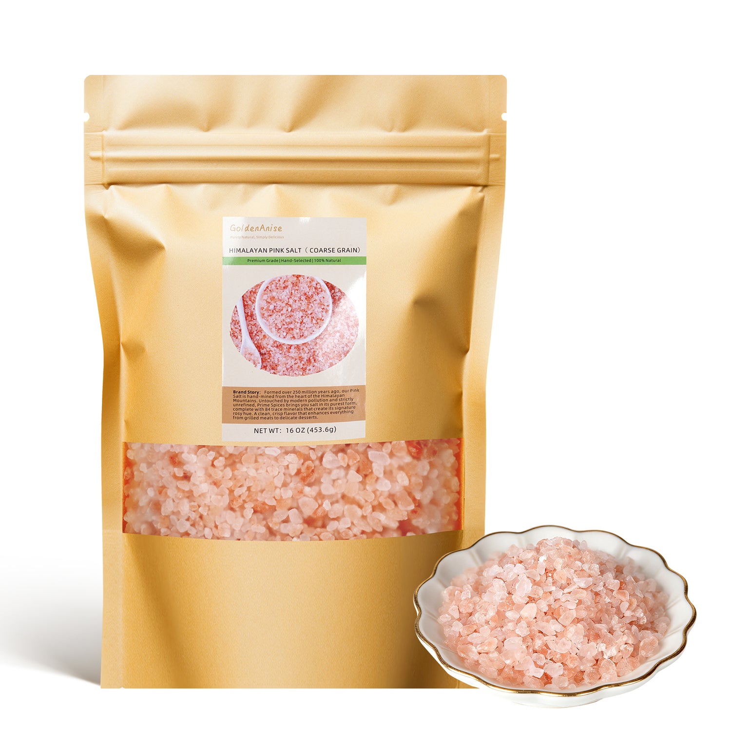GoldenAnise Himalayan Pink Salt Coarse Grain, 1 lb (454g), Natural Pink Salt for Grinder Refill, Pure Gourmet Crystal Mined from Ancient Mountains, Non-GMO & Kosher Certified, Rich in 84 Essential Minerals
