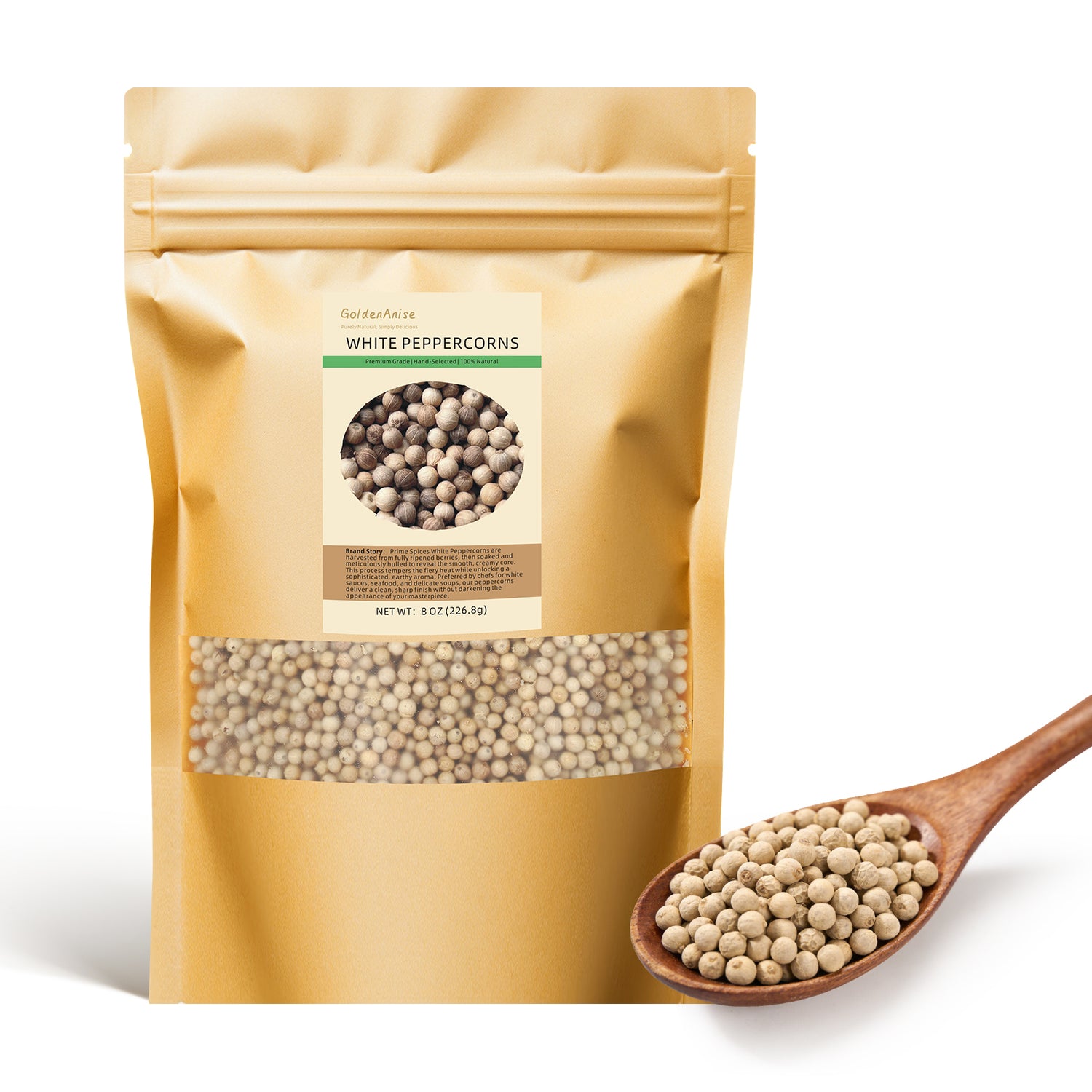 GoldenAnise Premium White Peppercorns Whole, Available in 8 oz, 18 oz,32 oz  (Eco-Refill Bag), All Natural Whole White Pepper for Grinder Refill, Non-GMO & Kosher Certified, Sharp & Earthy Flavor for Cream Sauces, Soups and Stir-fries