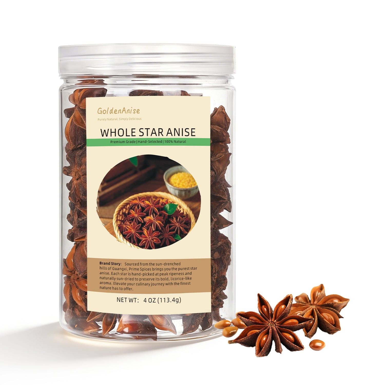 GoldenAnise Whole Star Anise Pods, Available in 4 oz, 6 oz (Reusable Airtight Canister), Premium Hand-Picked Culinary Spice for Cooking, Baking, Tea and Mulling Spices, All-Natural, Non-GMO & Pure