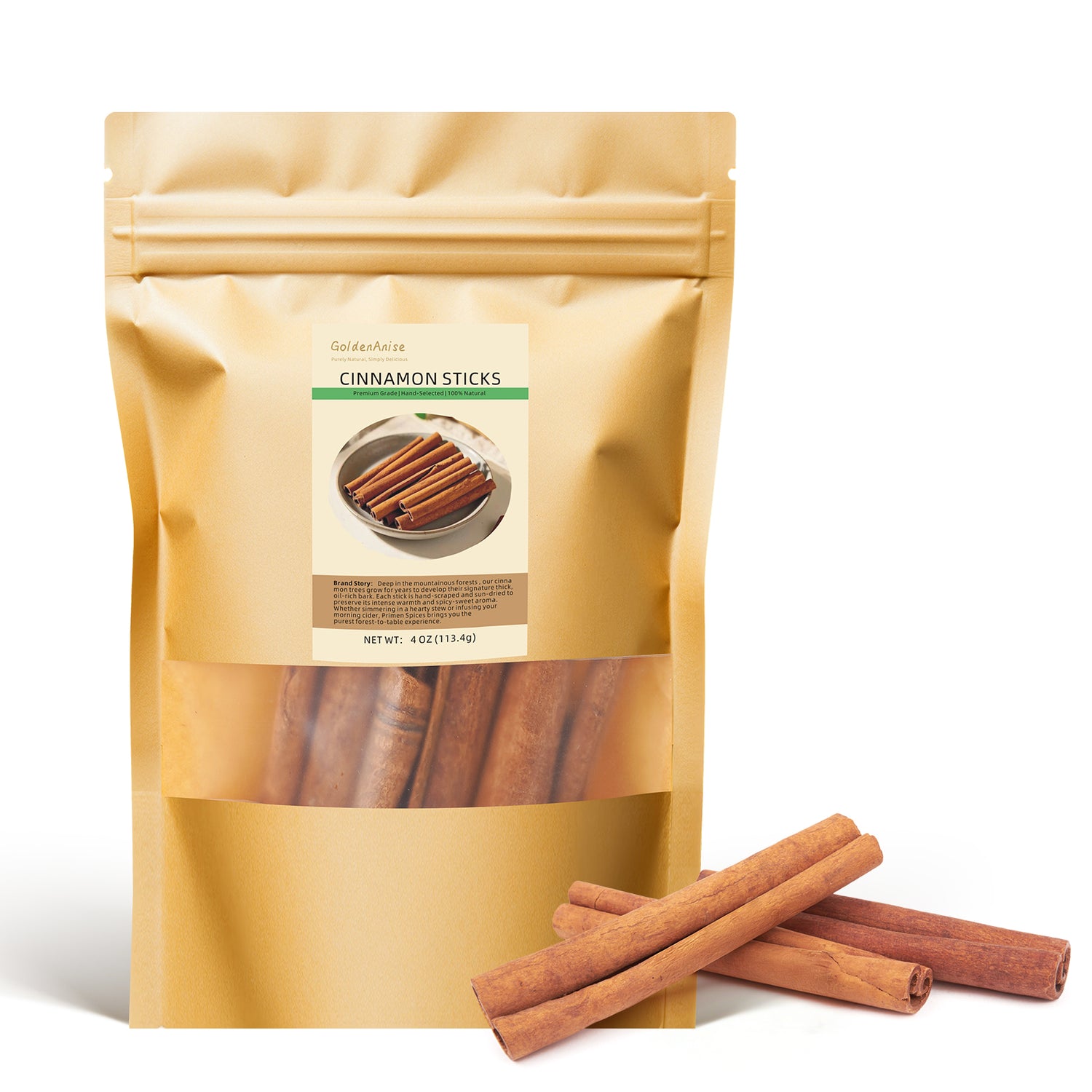 GoldenAnise Premium Cinnamon Sticks, Available in 4 oz, 8 oz,1lb  (Eco-Refill Bag),   Whole Cinnamon Sticks for Baking, Cooking, Beverages, Coffee, Tea and Mulled Wine, 100% Raw and Aromatic Culinary Spice, Non-GMO
