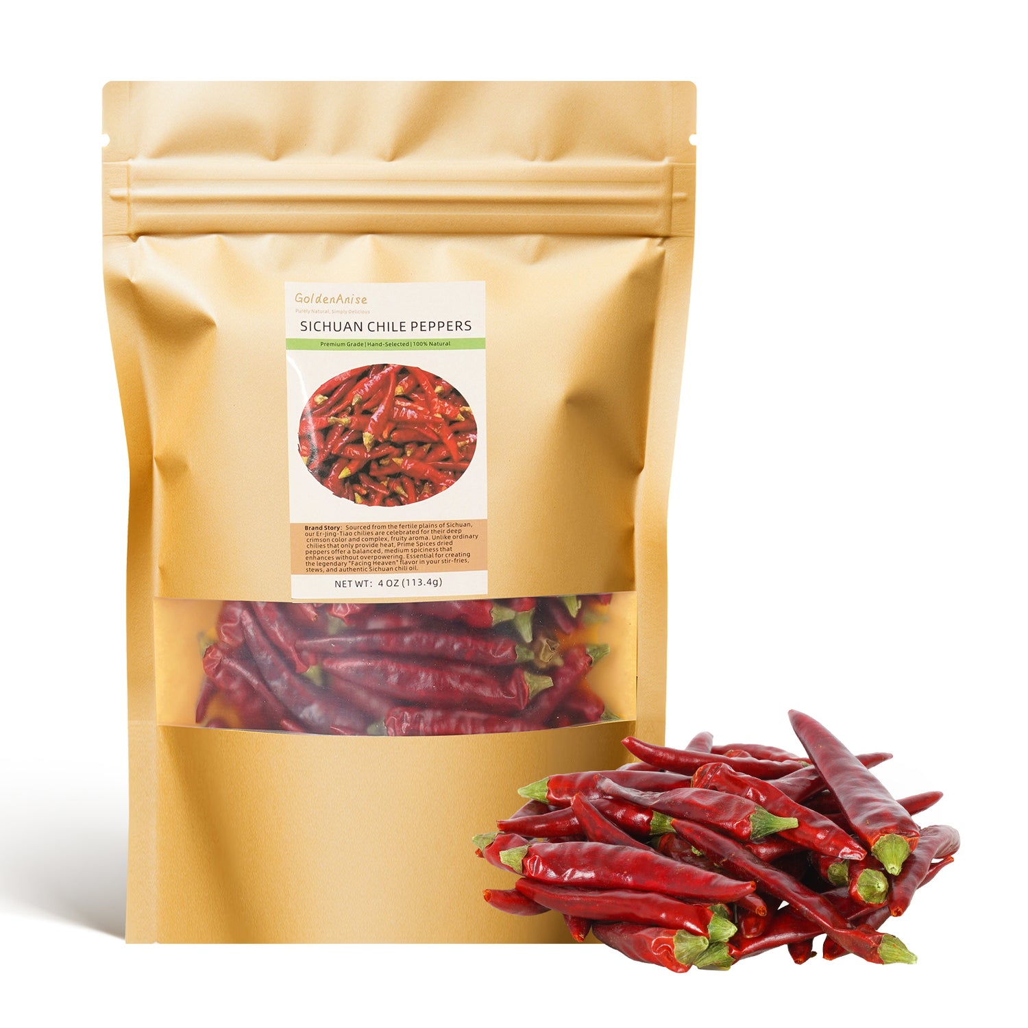 GoldenAnise Whole Dried Sichuan Red Chili Pods - Available in 4 oz & 8 oz - Authentic Chinese Dried Peppers with Medium Heat, Non-GMO & All-Natural, Perfect for Chili Oil, Hot Pot, Szechuan Cuisine & Spicy Stir-Fries