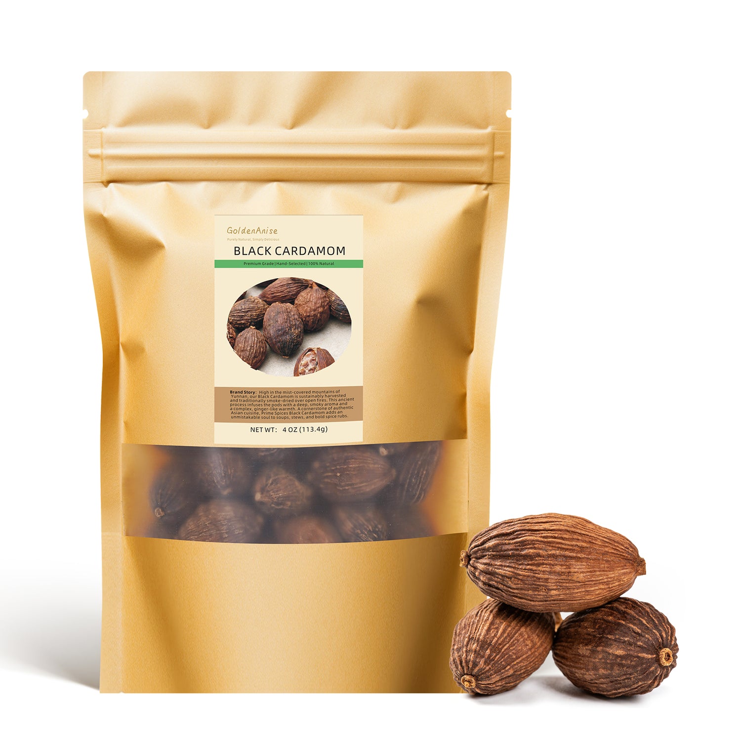 GoldenAnise Whole Black Cardamom Pods  (Chinese Black Cardamom / Tsaoko), Available in 4 oz, 8 oz, 1lb,, Premium Smoky Aromatic Spice for Authentic Asian, Indian & Chinese Cooking, Non-GMO, Pure & Natural