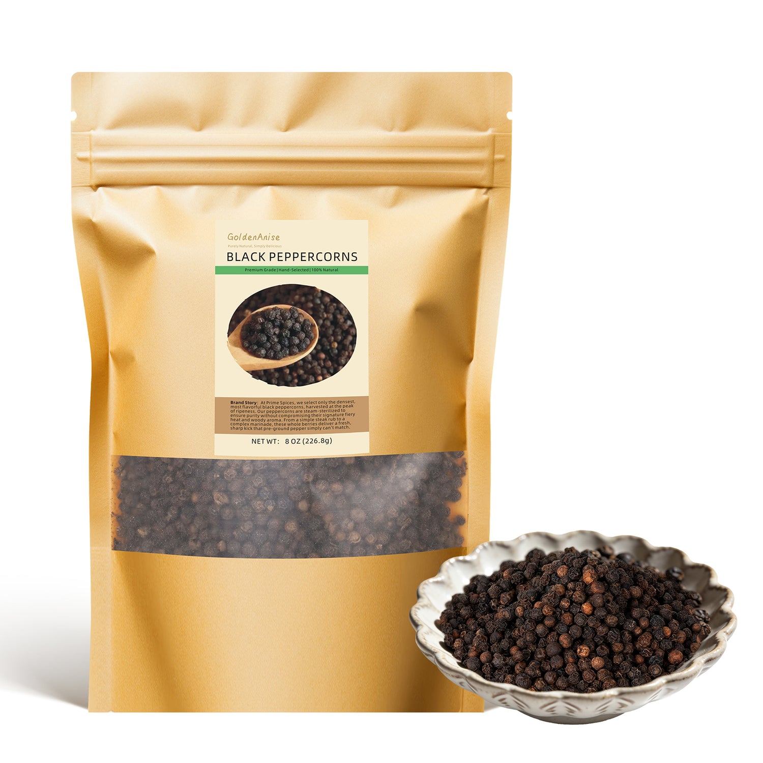 GoldenAnise Premium Black Peppercorns Whole, Available in 8 oz, 18 oz,32 oz  (Eco-Refill Bag), All Natural Whole Black Pepper for Grinder Refill, Steam Sterilized & Non-GMO, Bold Aroma and Pungent Kick, Perfect for Cooking and Table Use